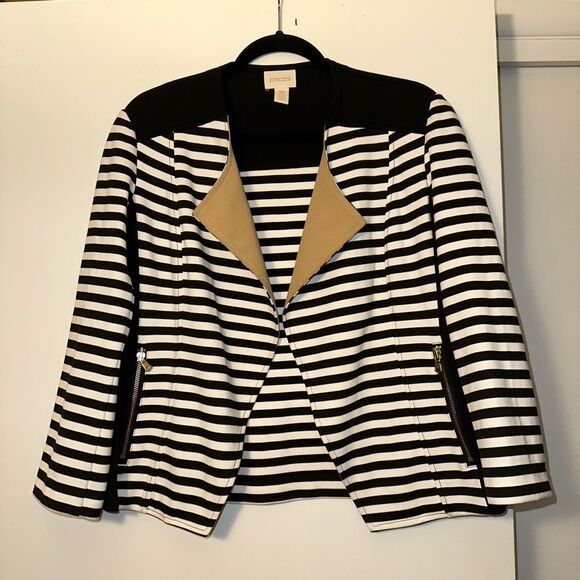 Chicos Large (2) Black White Tan Stripe Womens Blazer Jacket 3/4 Sleeve EUC - Picture 1 of 10